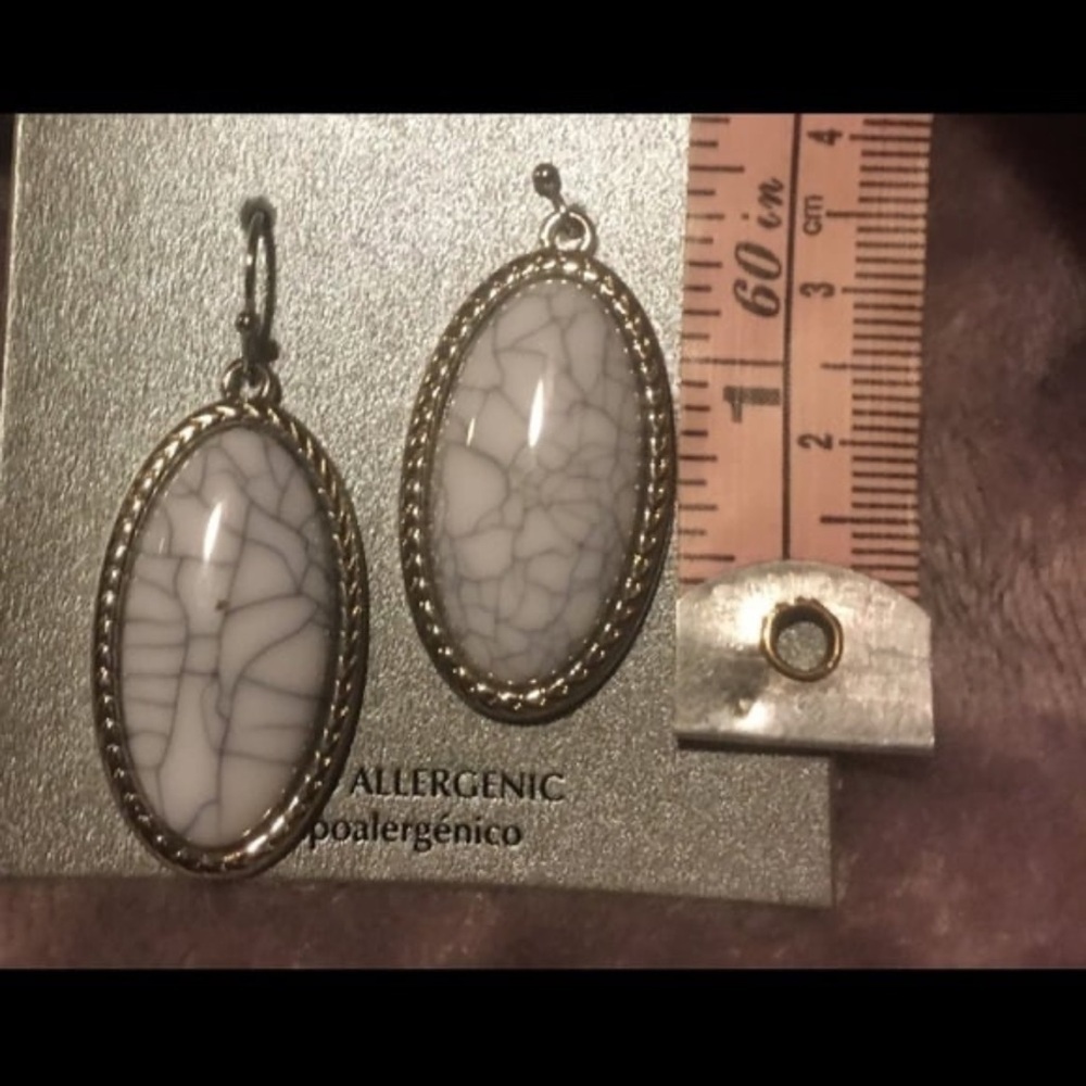 Gray Marble Oval Statement Earrings | Silver Tone Dangle Earrings | Boho Chic - Picture 4 of 4